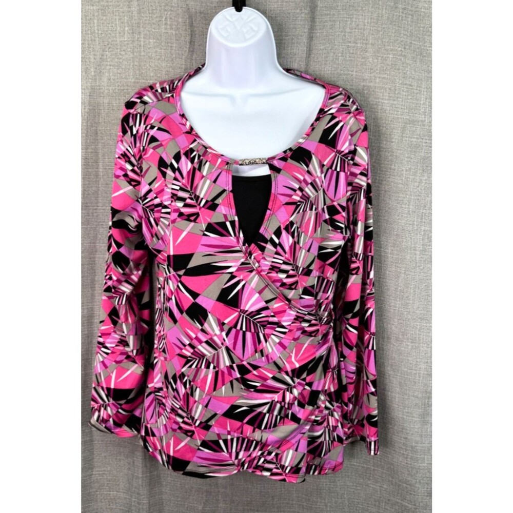 Notations Long Sleeve Women's Top Blouse Size L Layered Side Gathered Pink